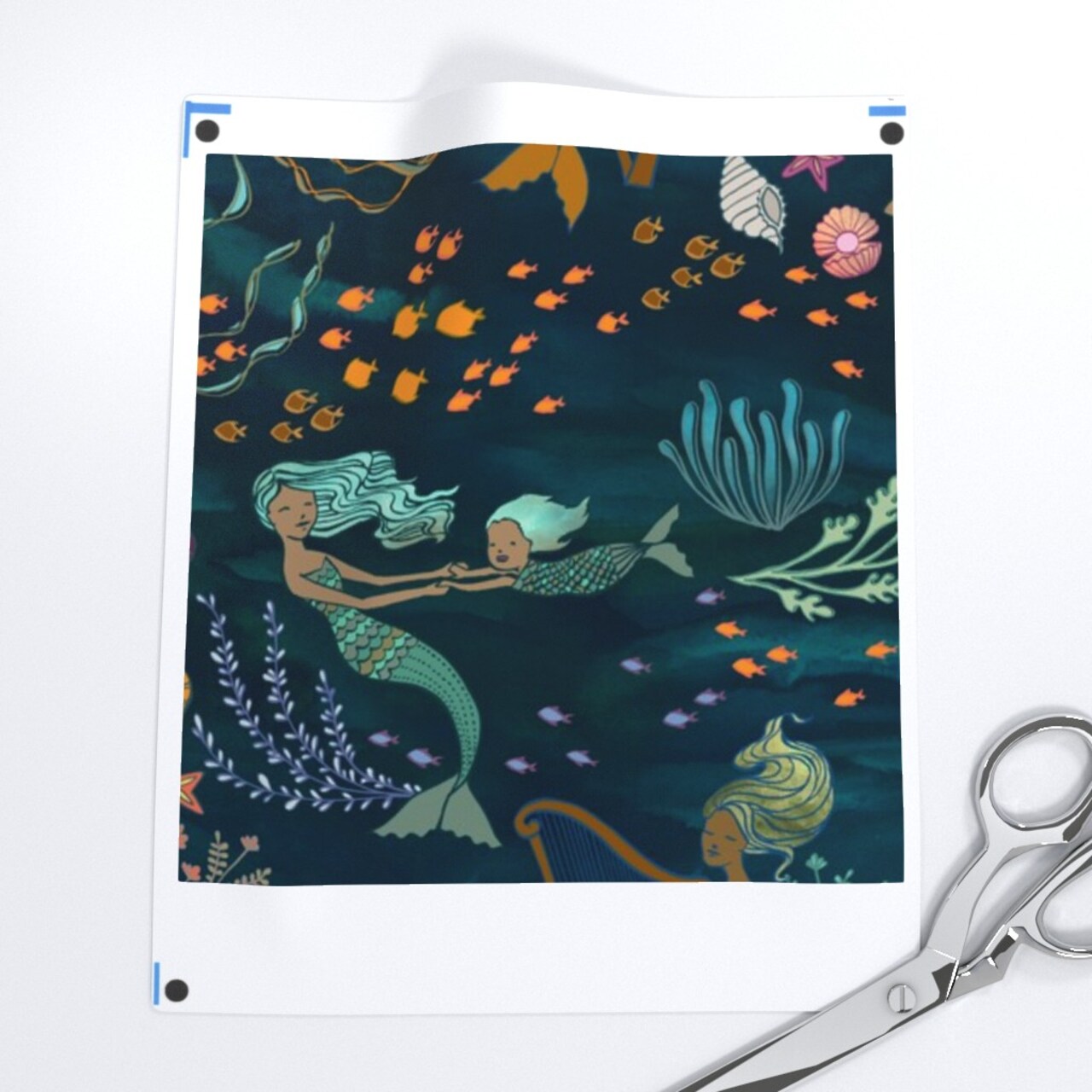 Mermaid Dark Teal Girls Fantasy Magic Underwater Under The Sea Instruments Fairy Children Ocean Custom Printed Fabric by Spoonflower Various Fabrics by the Yard or Fat Quarter